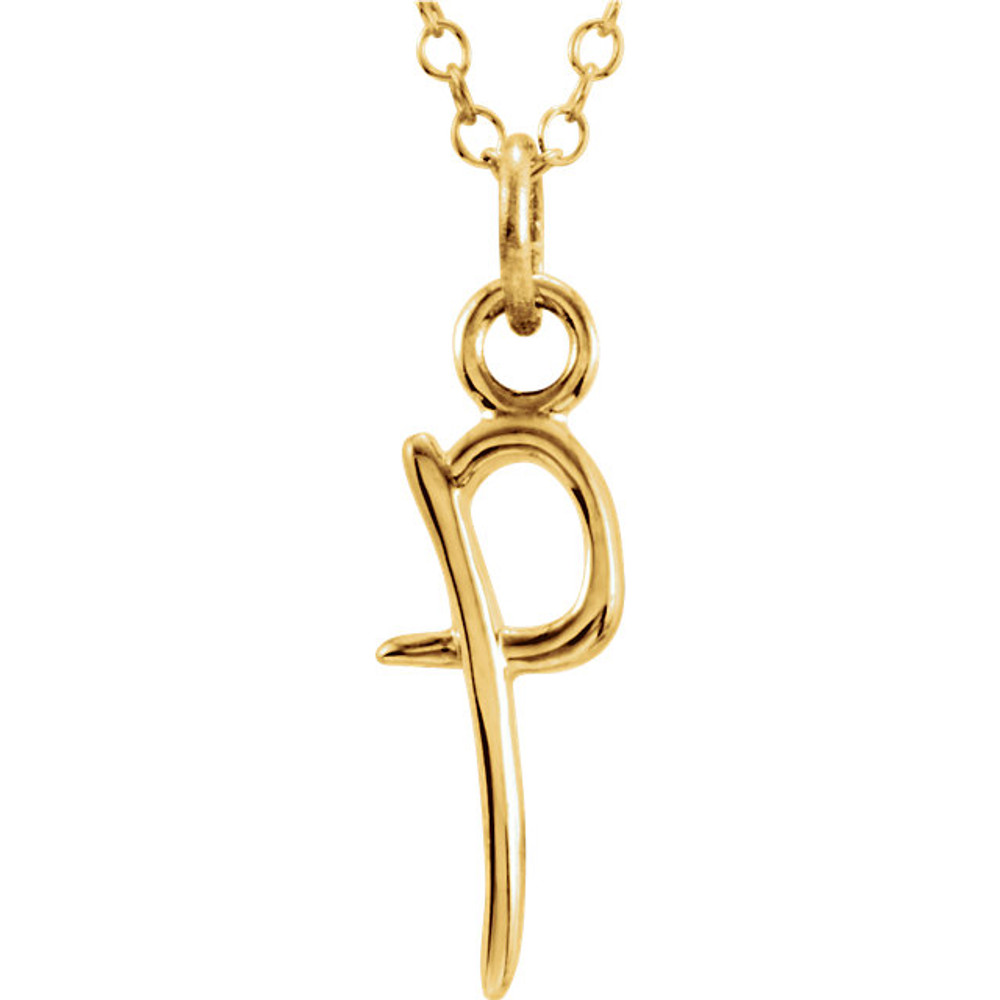 Express your individuality with this beautiful, lower case script initial necklace rendered in polished 14k gold. The petite pendant is approximately 5.50mm in width. The 1.3mm open cable chain closes with a lobster clasp and is 18 inches in length.