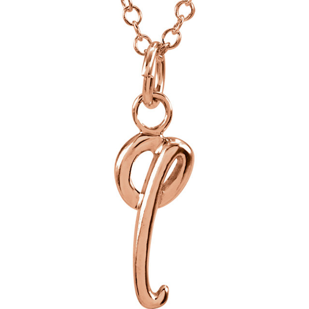 Express your individuality with this beautiful, lower case script initial necklace rendered in polished 14k gold. The petite pendant is approximately 5.40mm in width. The 1.3mm open cable chain closes with a lobster clasp and is 18 inches in length.