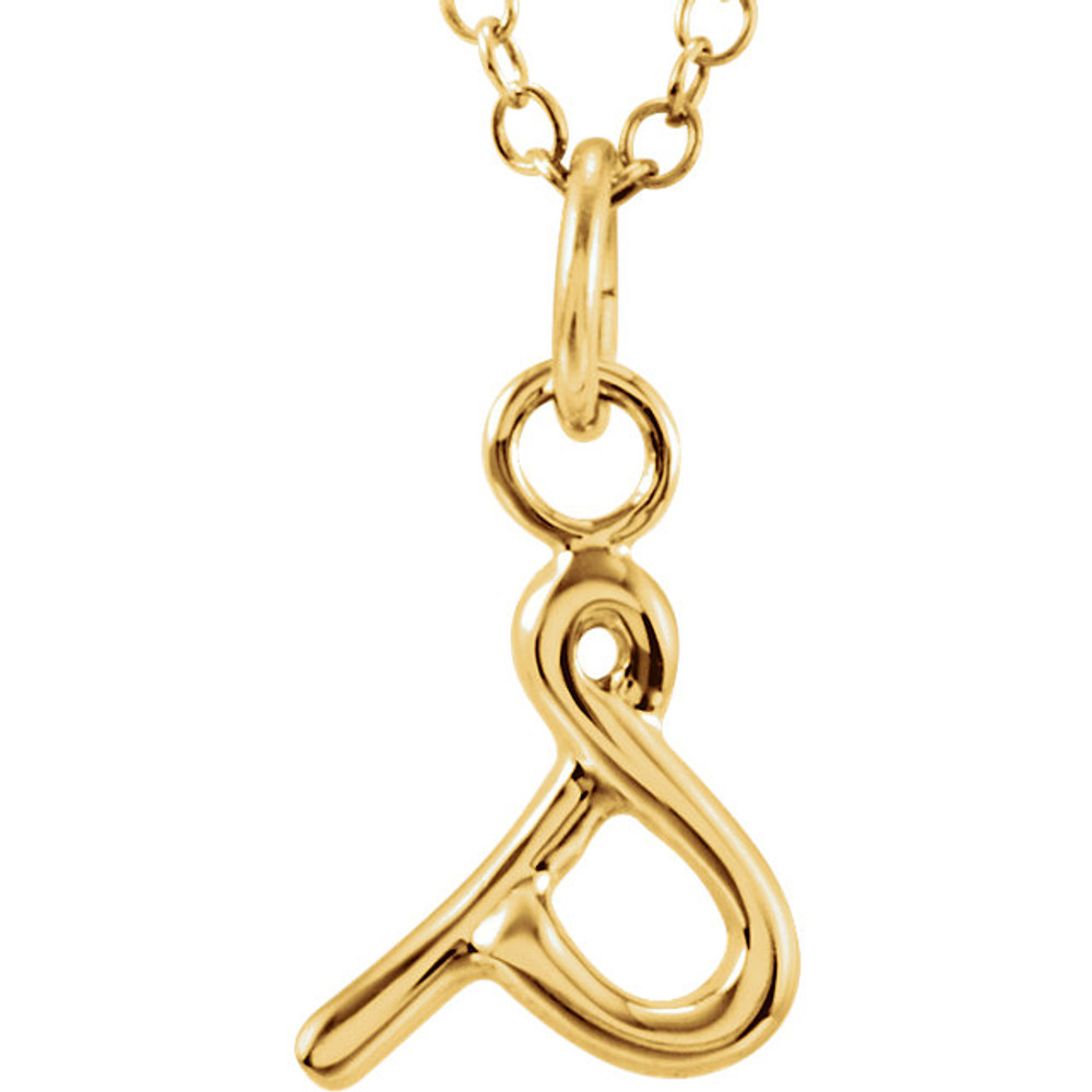 Express your individuality with this beautiful, lower case script initial necklace rendered in polished 14k gold. The petite pendant is approximately 11.40mm in width. The 1.3mm open cable chain closes with a lobster clasp and is 18 inches in length.