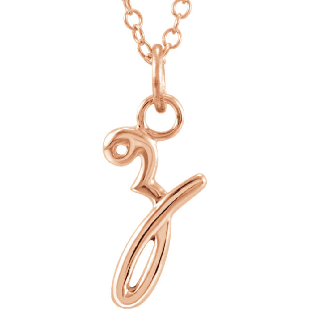 Express your individuality with this beautiful, lower case script initial necklace rendered in polished 14k gold. The petite pendant is approximately 6.80mm in width. The 1.3mm open cable chain closes with a lobster clasp and is 18 inches in length.