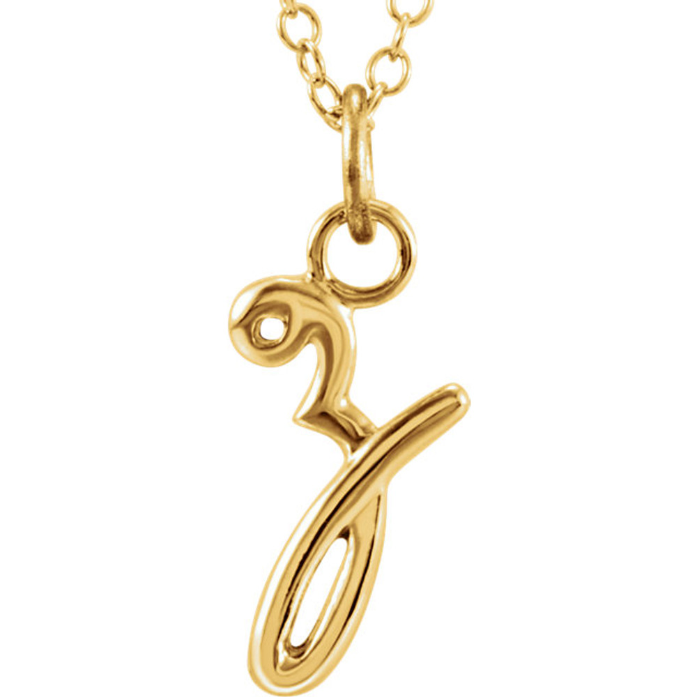 Express your individuality with this beautiful, lower case script initial necklace rendered in polished 14k gold. The petite pendant is approximately 6.80mm in width. The 1.3mm open cable chain closes with a lobster clasp and is 18 inches in length.