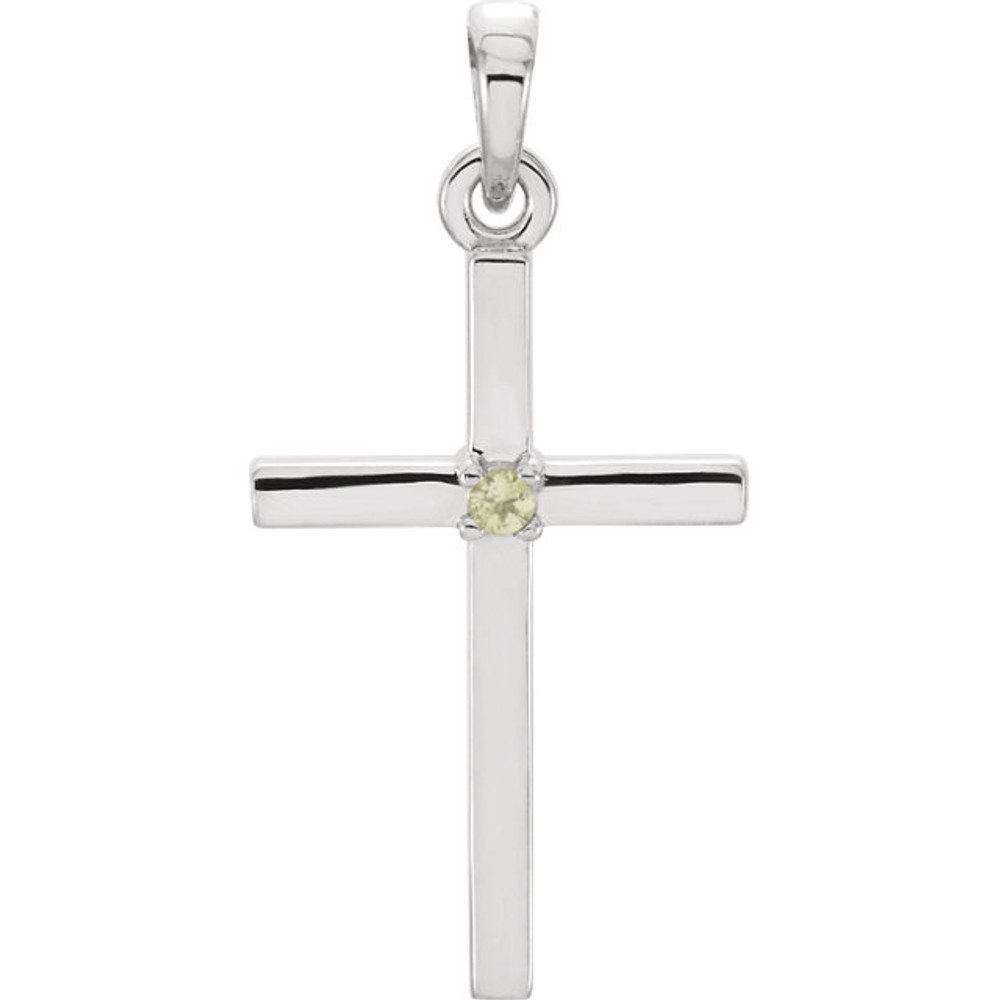 This 14k white peridot cross 22.65x11.4mm pendant weighs 0.87 grams and comes with a free deluxe jewelry box. Polished to a brilliant shine. Chain sold separately!