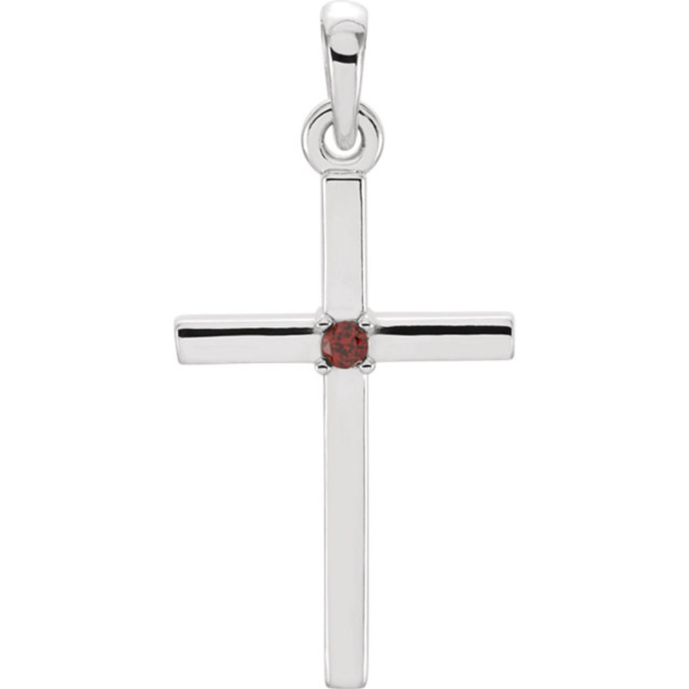Inspiring and stylish, this stunning platinum genuine mozambique garnet cross pendant. Garnet are round faceted cut and AA in quality. Gemstone cross pendant is 22.65x11.4mm. Polished to a brilliant shine. Chain sold separately!