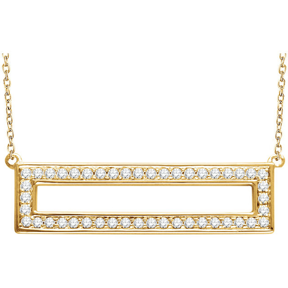 Beautifully crafted of 14-karat gold, this lovely open rectangle pendant sparkles with 3/8 carat of genuine, round diamonds. The pendant hangs from an 18-inch gold cable chain that secures with a spring ring clasp.