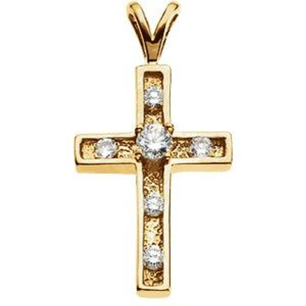 Simple and stylish, this cross pendant is a sparkling reflection of your faith. Crafted in 14K gold, this traditional design is outlined with shimmering diamonds that catch and reflect the light with every turn. This cross sparkles with .32 ct. t.w. of diamonds and a bright polished shine.