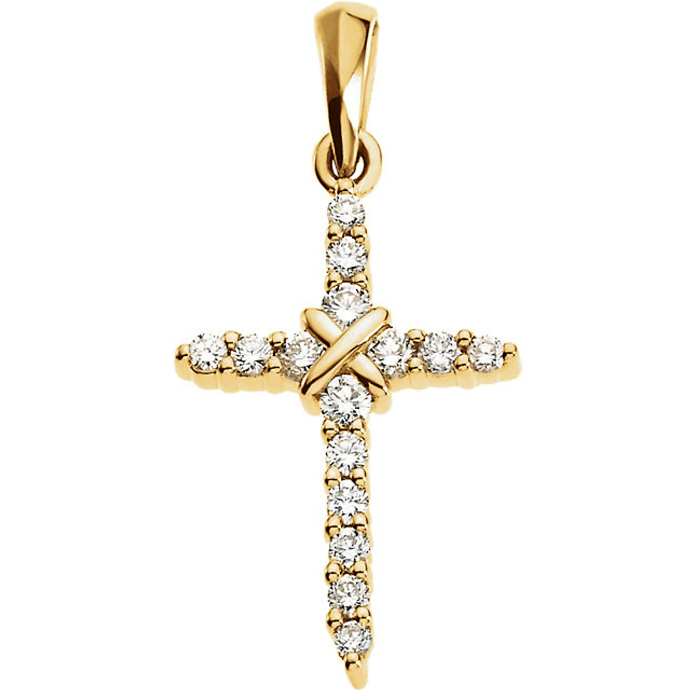 The perfect combination of sparkle and symbolism. This beautiful style cross pendant shines with the addition of round full cut diamonds (.23 ct. t.w.) in 14k gold. Polished to a brilliant shine.