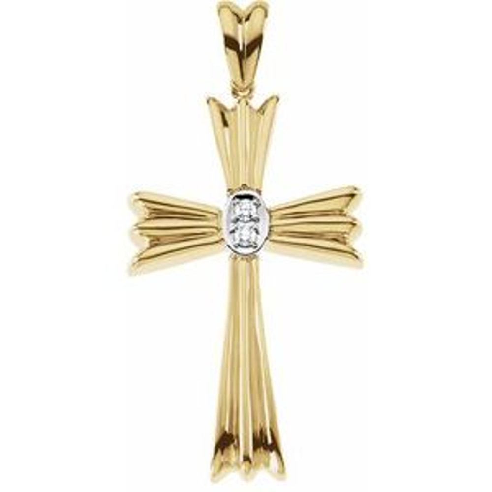 Keep your faith close to your heart by wearing this beautiful religious-style cross pendant featuring 2 round-cut diamonds of G-H color SI clarity. Wonderfully crafted in 14k Yellow Gold this necklace is of .066 total carat weight. Polished to a brilliant shine.