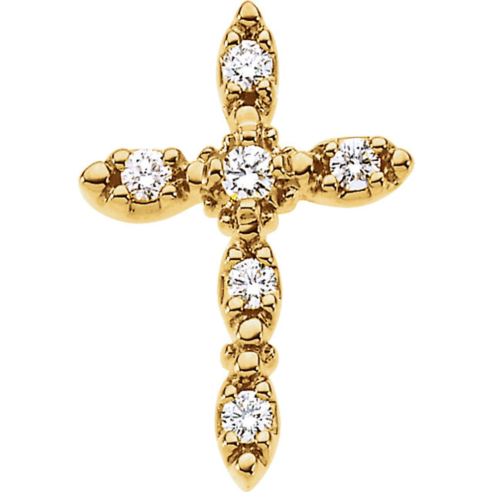 Six brilliant-cut round diamonds are beautifully set in a sparkling prong setting in this stunning diamond cross pendant In 14K Gold. Polished to a brilliant shine.