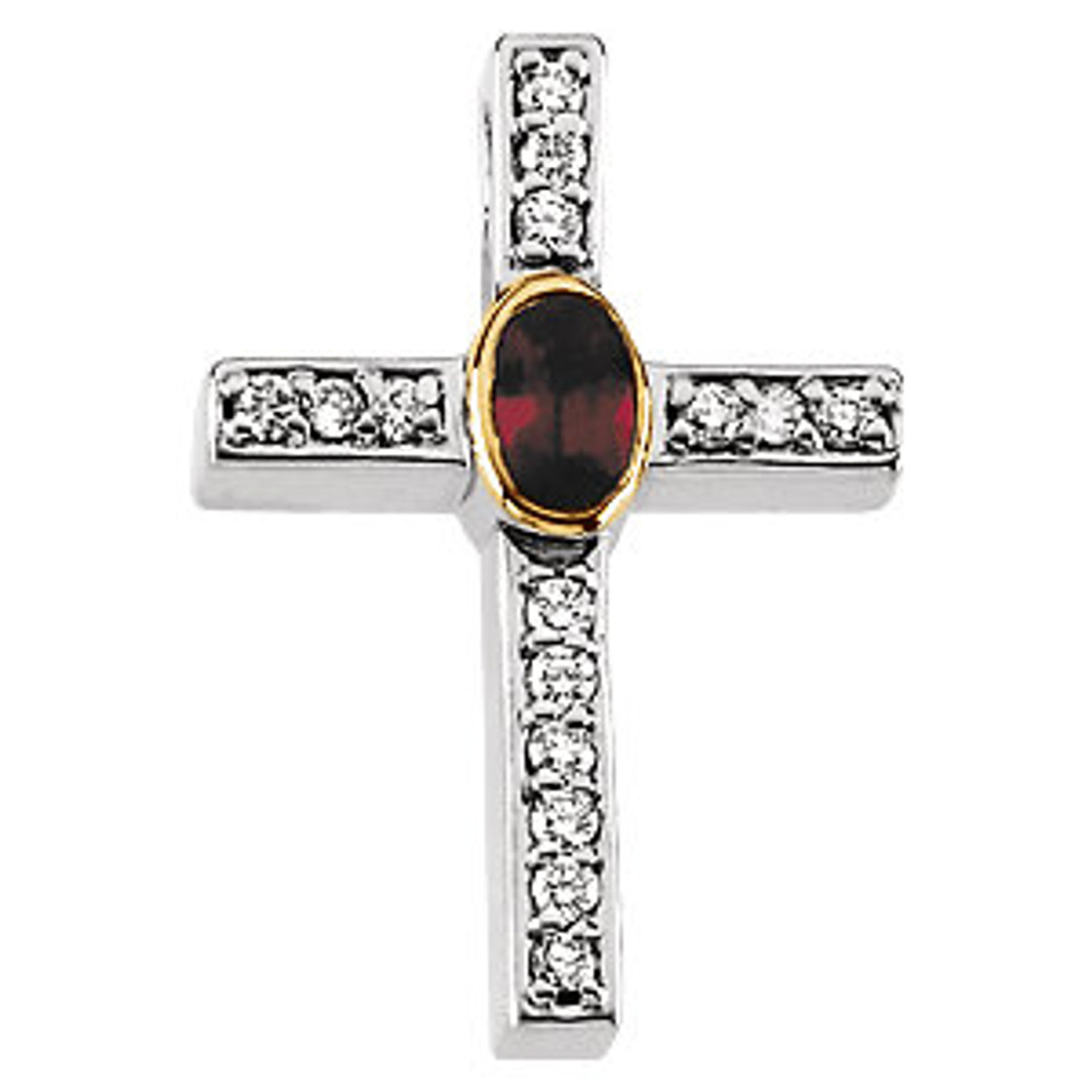 Put a smile on her face with our exquisite ruby and diamond cross pendant. This enticing 14k yellow/white gold pendant features alternately set perfectly matched oval ruby and diamonds. Additionally, the decorative prong setting makes this cross pendant a must-have choice for any jewelry lover. An adorable everyday style highlighter or a special gift, this lovely pendant is a versatile accessory.