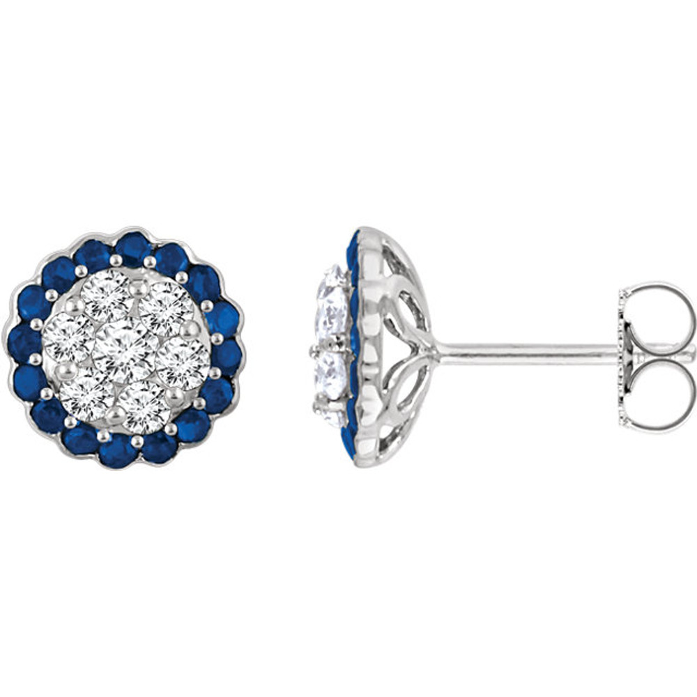 Pair of earrings with perfectly matching full cut round brilliant cut natural untreated conflict-free diamonds and a halo design outside of natural Blue Sapphire. Sold with backs. Tension posts. All prong set that gives these earrings a timeless look. For any age and made to wear for any occasion. Something to enjoy for a long time. September Birthstone.