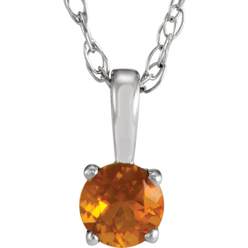 This breathtaking pendant features a 3mm round shaped genuine citrine, set in 4 prong 14K White Gold. Also available with other gemstones.