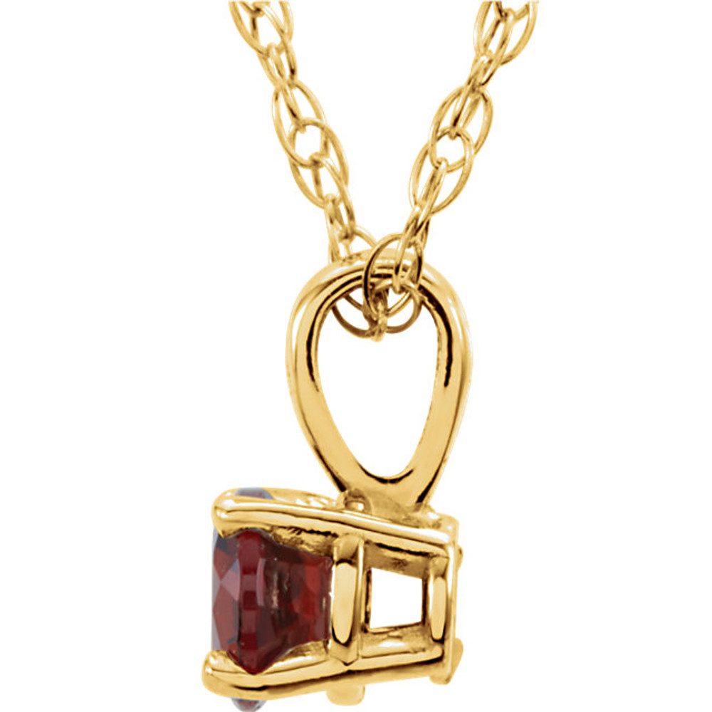 This gorgeous 14K yellow gold pendant features a 3mm round genuine mozambique garnet beautifully set in a prong setting.

Symbolize your love with this elegant January's birthstone pendant!