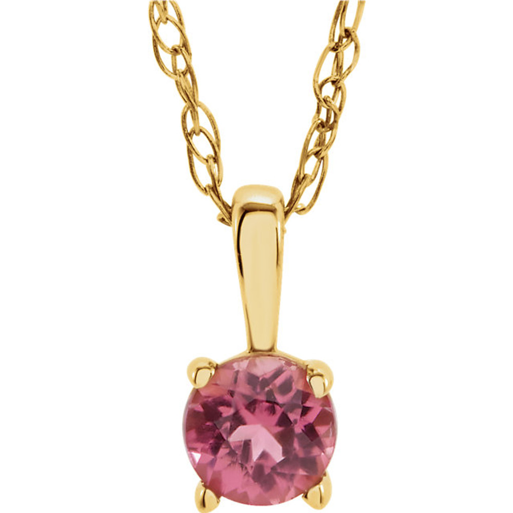 This gorgeous 14K yellow gold pendant features a 3mm round Imitation Pink Tourmaline beautifully set in a prong setting.

Symbolize your love with this elegant October's birthstone pendant!