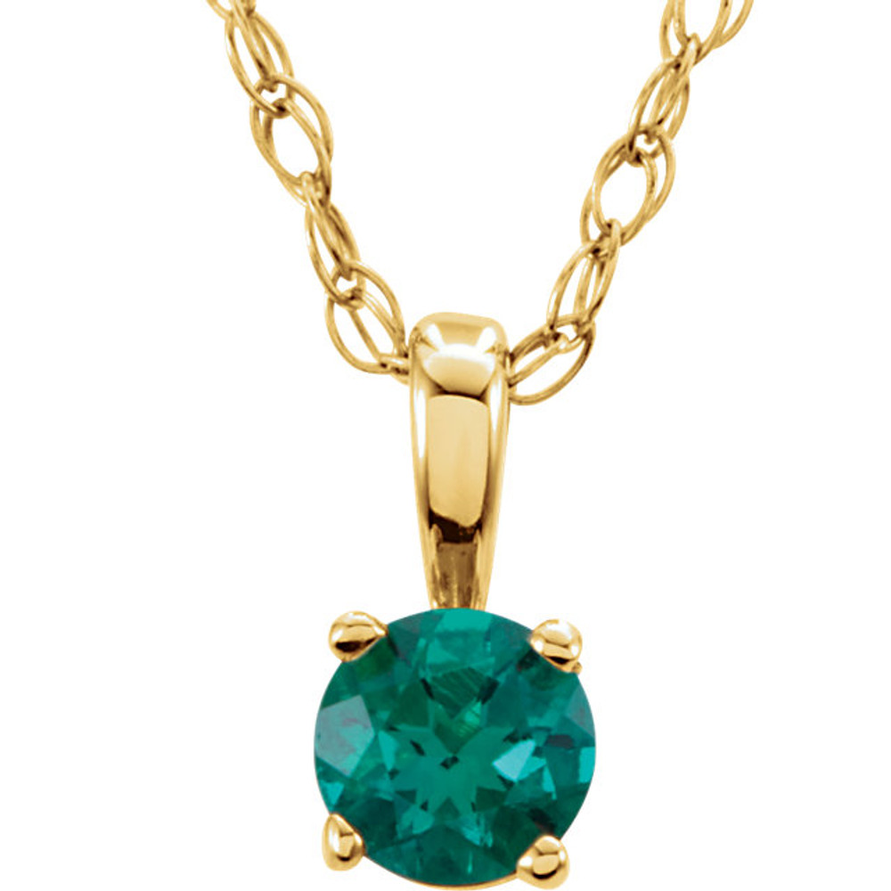 This gorgeous 14K yellow gold pendant features a 3mm Chatham® Created Emerald beautifully set in a prong setting.

Symbolize your love with this elegant May birthstone pendant!