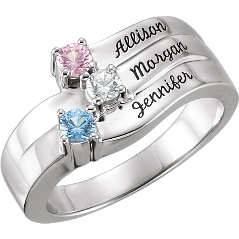 Honor Mom and celebrate family with this unique and modern Mother's ring! Crafted in sterling silver, this traditionally styled ring showcases between one and four round-cut imitation birthstones you select. Arranged vertical top to down, these prong-set gemstones grab the eye with color and sparkle. See stone chart for options and placement details. This ring is one Mom will choose to wear often.