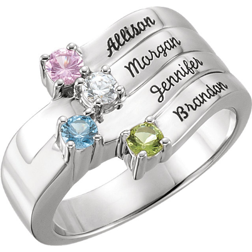 Honor Mom and celebrate family with this unique and modern Mother's ring! Crafted in sterling silver, this traditionally styled ring showcases between one and four round-cut imitation birthstones you select. Arranged vertical top to down, these prong-set gemstones grab the eye with color and sparkle. See stone chart for options and placement details. This ring is one Mom will choose to wear often.