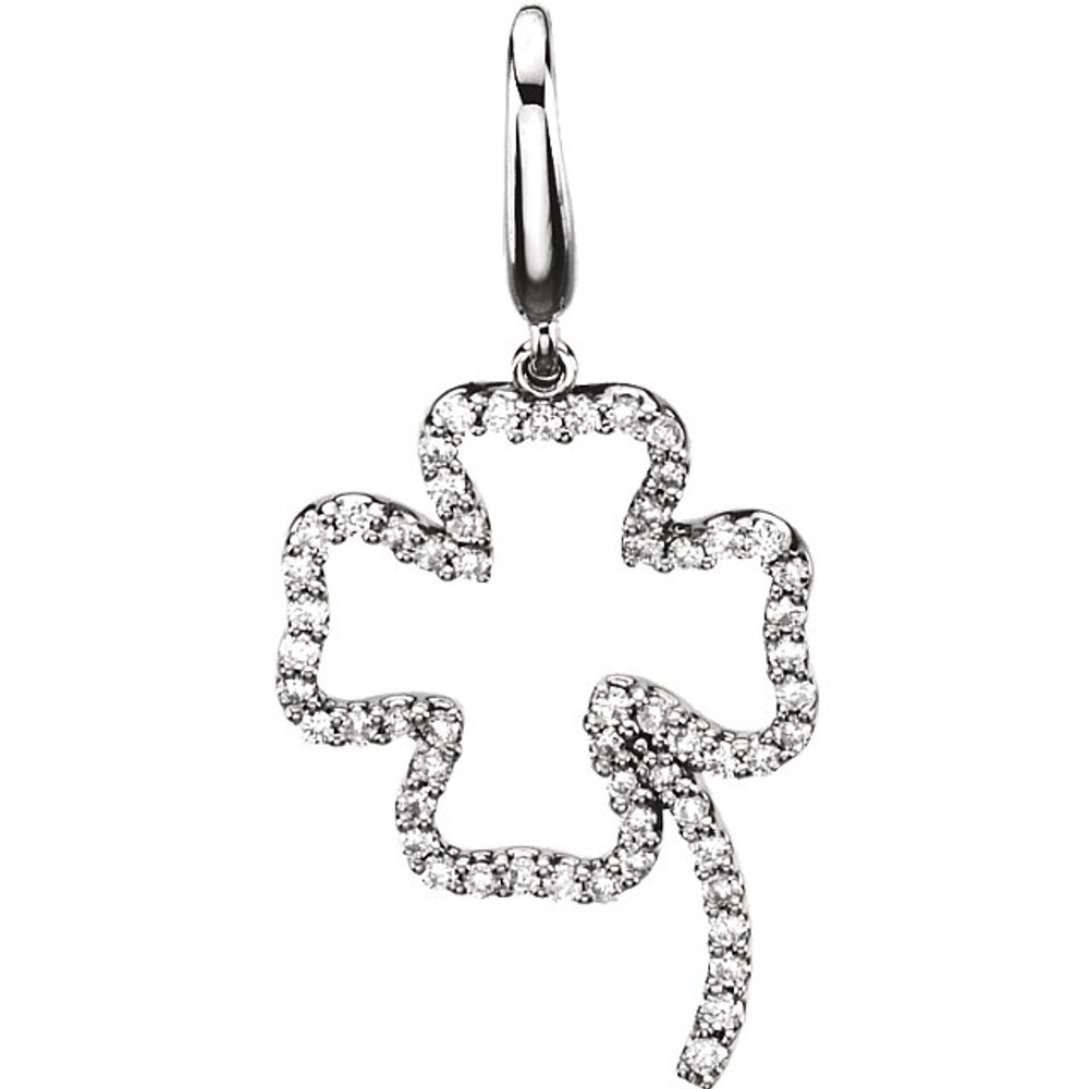 Diamond clover charm in 14k white gold. This diamond clover charm features 1/4 ct. tw. Diamonds are G-H in color and I1 or better in clarity. Polished to a brilliant shine.