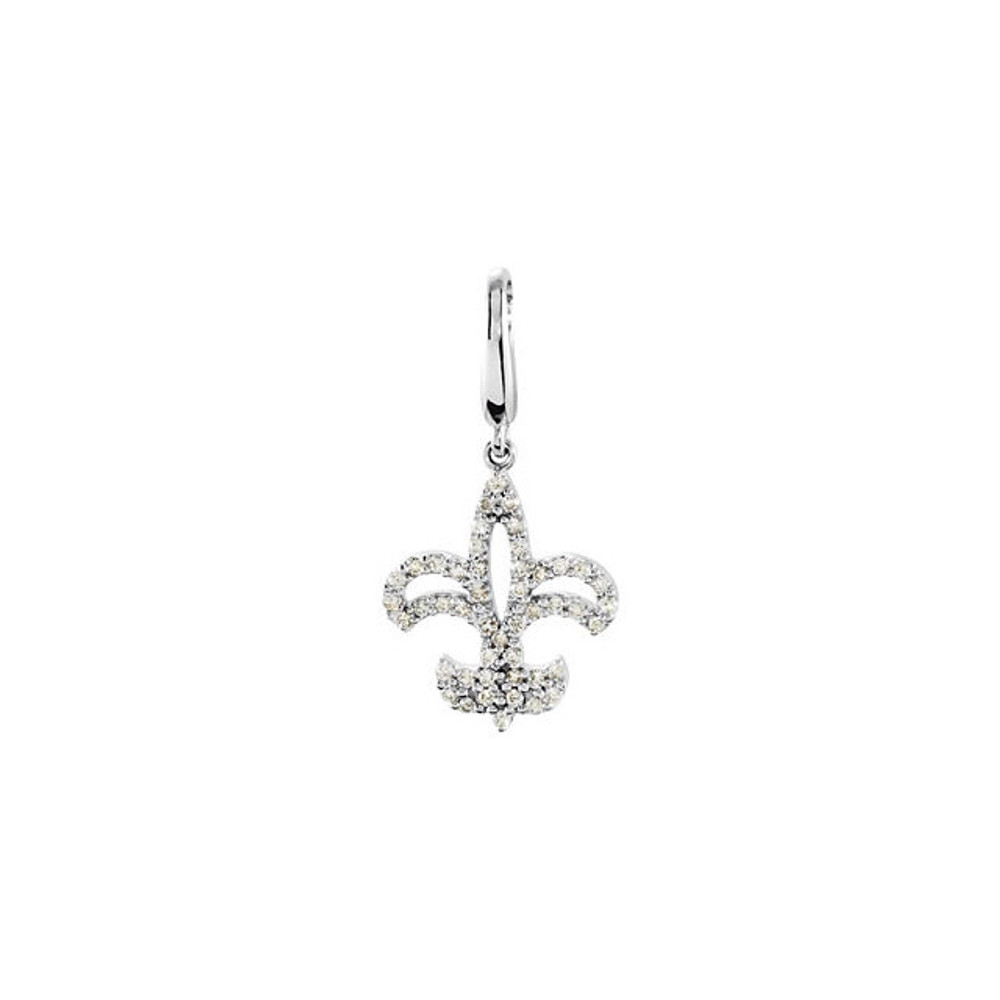 Add a touch of royal glamour to your style with this symbolic Fleur- de-Lis charm fashioned from 14k white gold. It is prong set with 47 full cut round diamonds. The petite charm has a total diamond weight of 1/4 carat. The diamonds are I1 in clarity and G-H in color. (Chain is not included). Polished to a brilliant shine.