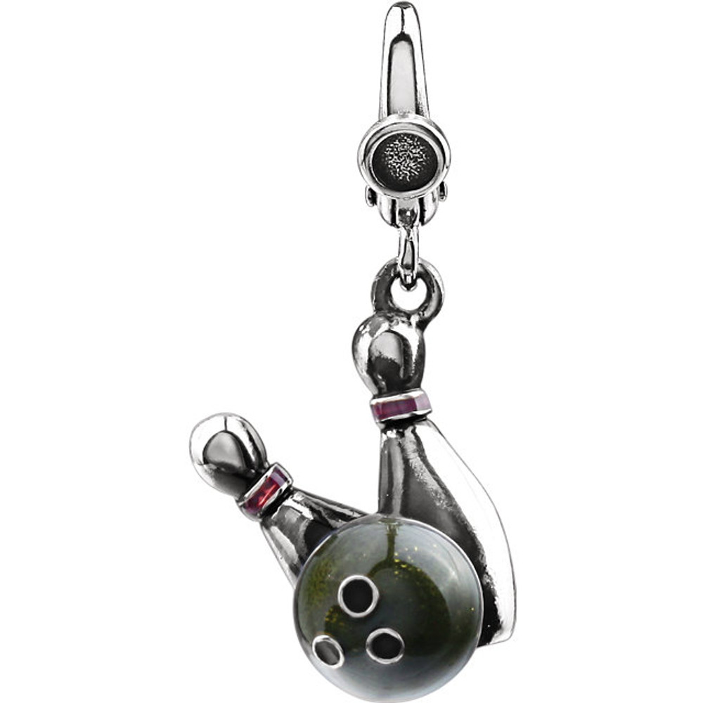 Start conversations wherever you go with a unique charm created to spark interest and reveal your passion for bowling. This antiqued sterling silver charm features a three-dimensional enameled design that is approximately 12mm (7/16") in width by 17mm (5/8") in length and dangles from a decorative lobster style clip-on bail.