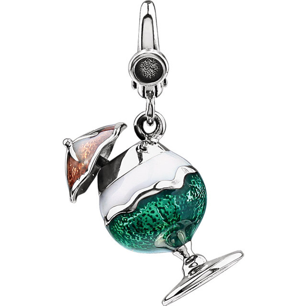 Start conversations wherever you go with a unique charm created to spark interest and reveal your individual style. This colorful cocktail fashioned from sterling silver features a three-dimensional enameled design that is approximately 16mm (5/8 Inch) in width by 18mm (11/16 inch) in length and dangles from a decorative lobster style clip-on bail.