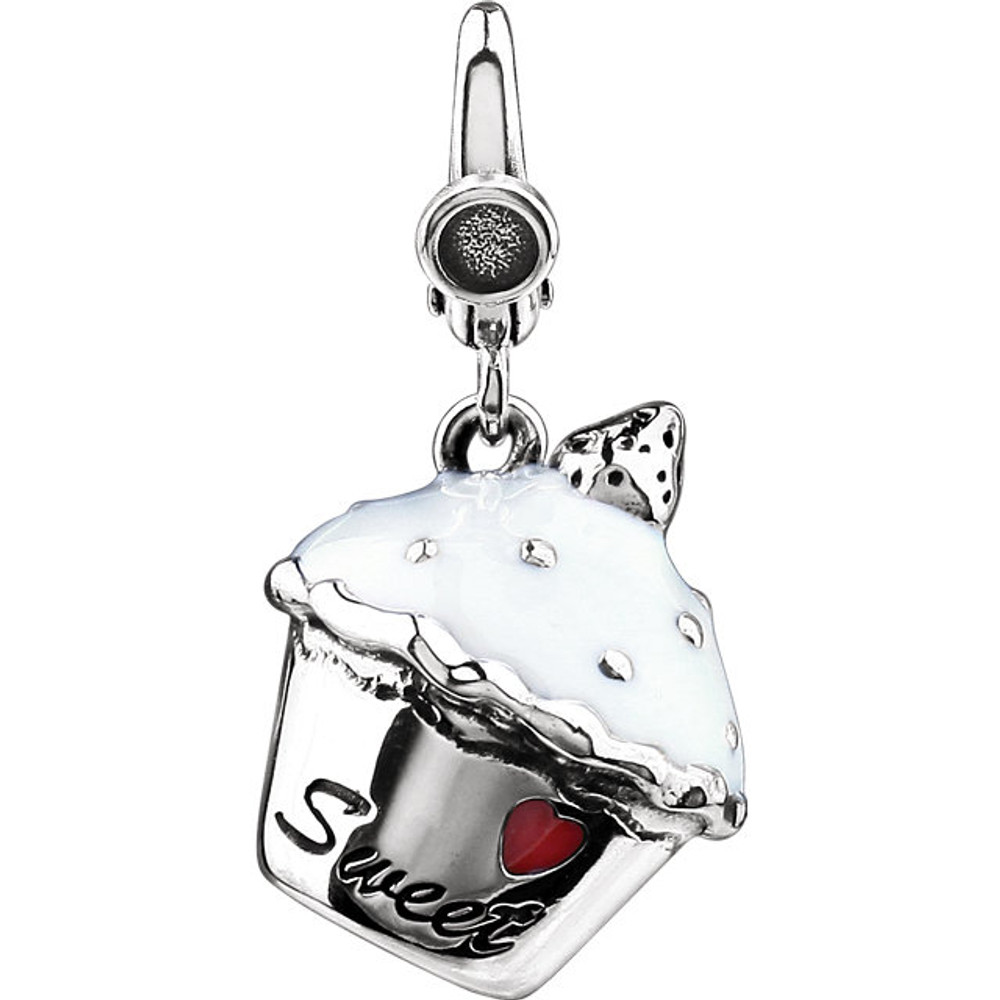 A sweet treat for the eyes, a three-dimensional cupcake charm created from antiqued sterling silver with white enamel icing. It is approximately 13mm in width by 17mm in length and dangles from a decorative lobster style clip-on bail.