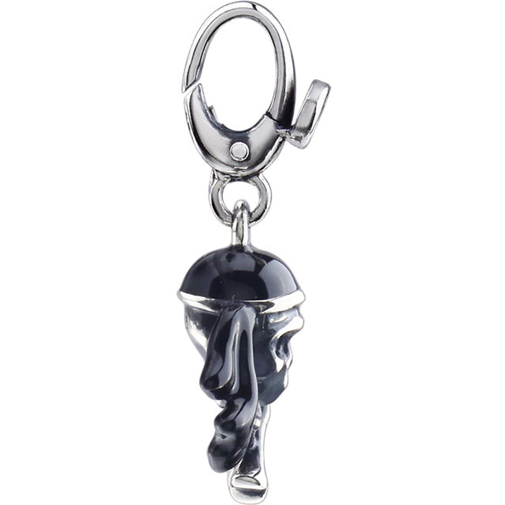 Spark the imagination and unleash the explorer within with this pirate skull charm rendered in antiqued sterling silver featuring a three-dimensional design accented with black enamel and a decorative lobster style clip-on bail. It measures approximately 10mm (3/8") in width by 14mm (9/16") in length, bail not included.
