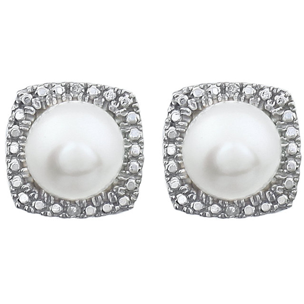 Beautiful sterling silver Freshwater Cultured Pearl June birthstone diamond earrings with .015 ct tw. Say "I love you" to any woman in your life; a friend, mother, wife, girlfriend, daughter. All earrings are sold in pairs. 