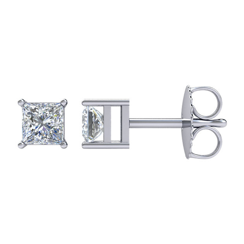  A token of true love, surprise her with diamonds. Fashionable, contemporary and regal, princess-cut diamond solitaire studs display spectacular brilliance. These 1 1/2 ctw. princess diamond solitaire stud earrings in platinum glisten with a color ranking of G-H and a clarity ranking of SI2-SI3. 