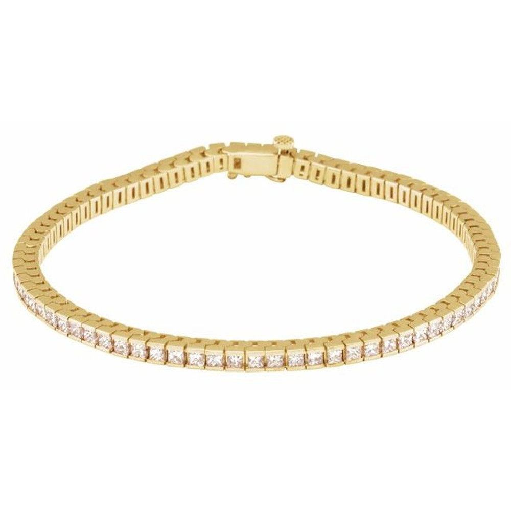 Experience formal elegance in a 4.00 ct. t.w. diamond tennis bracelet. This stylish beauty sparkles with round diamonds to marvelous effect. 14kt yellow gold bracelet.