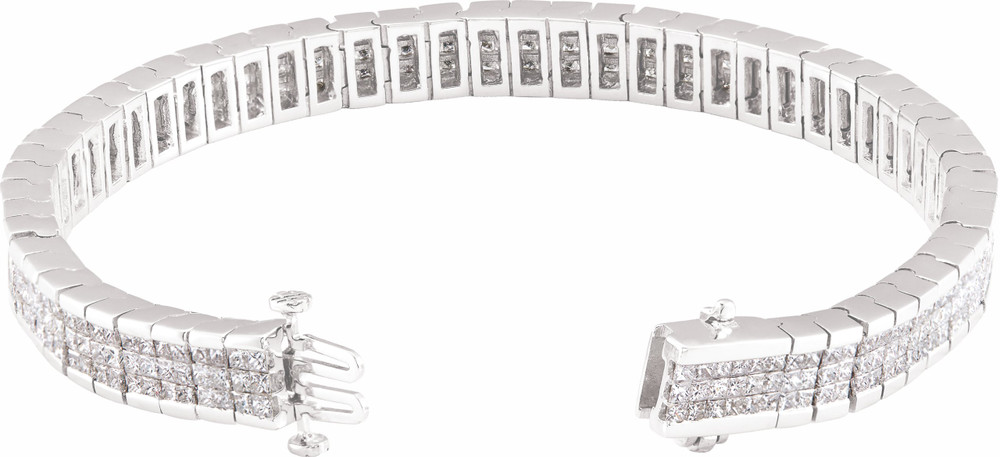 This fabulous 8 3/8 ct. t.w. diamond tennis bracelet is a breathtaking piece that we really love. Sparkling and sensational, it's a classic that features a stream of square princess diamonds so gorgeous that it will have heads turning for a second look. 14kt white gold bracelet. 