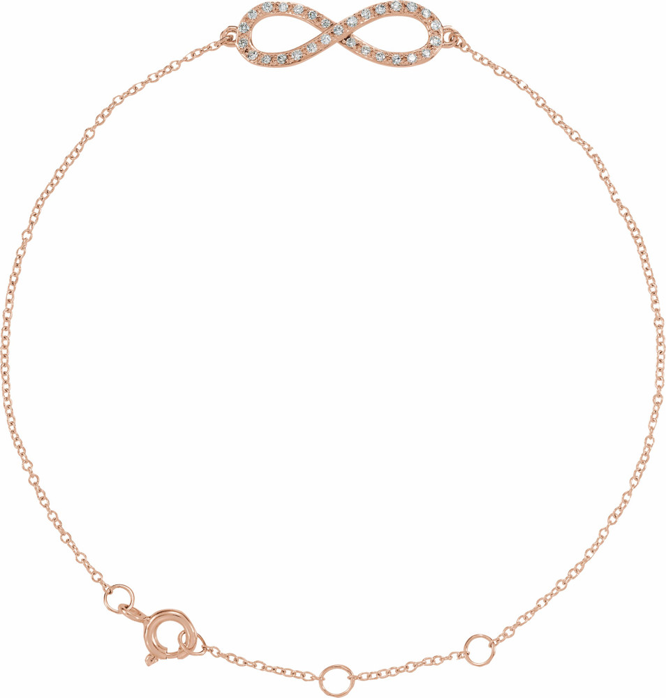 Wonderful modern style is found in this 14Kt rose gold diamond infinity bracelet.