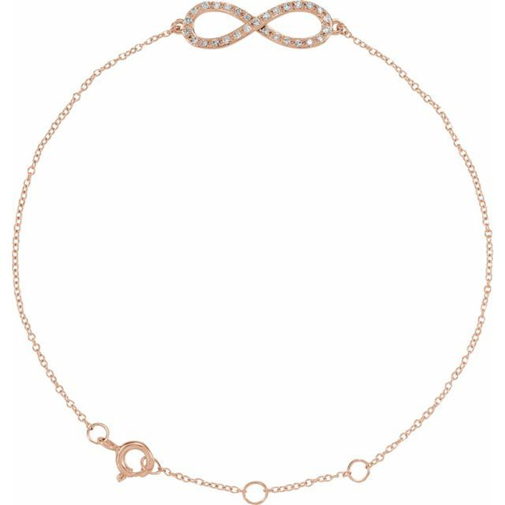 Wonderful modern style is found in this 14Kt rose gold diamond infinity bracelet.