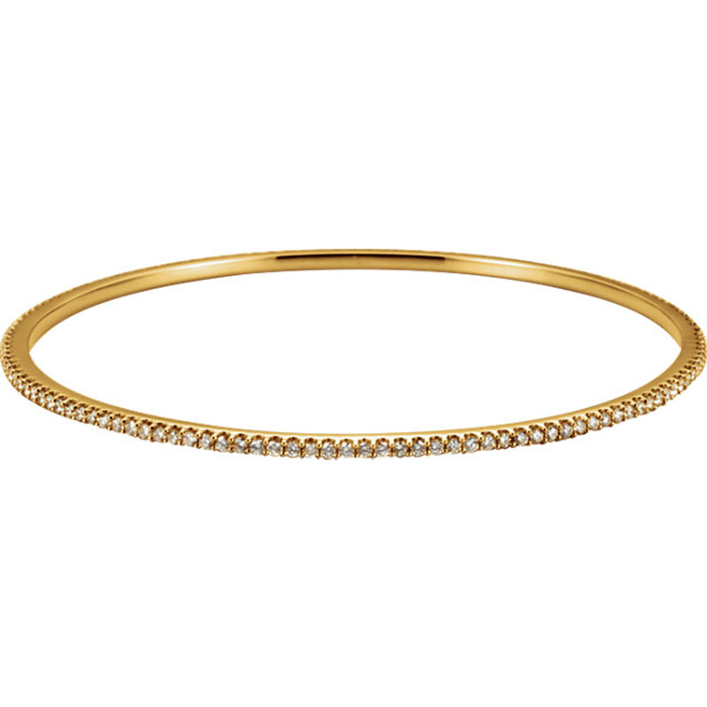 Elegant 14Kt yellow gold diamond bangle bracelet featuring a sparkling display of white round diamonds. Total weight of the diamonds is 2.00cts. Total weight of the gold is 10.03 grams.