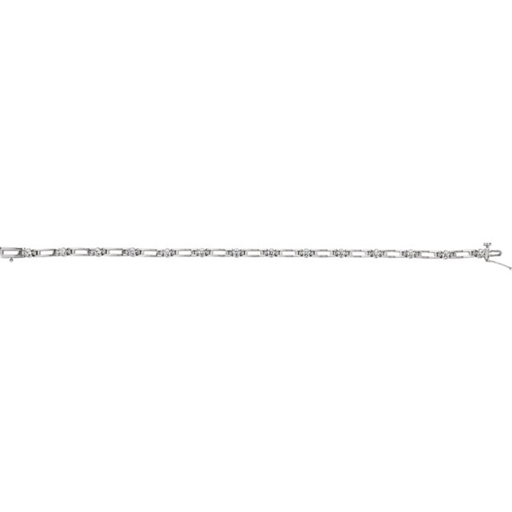 Wonderful modern style is found in this 14Kt white gold diamond tennis bracelet featuring a total carat weight of 1 1/3 carats. Total length of the bracelet is 7.25 inches.
