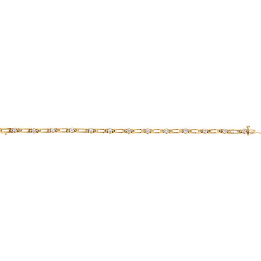 Wonderful modern style is found in this 14Kt Yellow gold diamond tennis bracelet featuring a total carat weight of 1 1/3 carats. Total length of the bracelet is 7.25 inches.