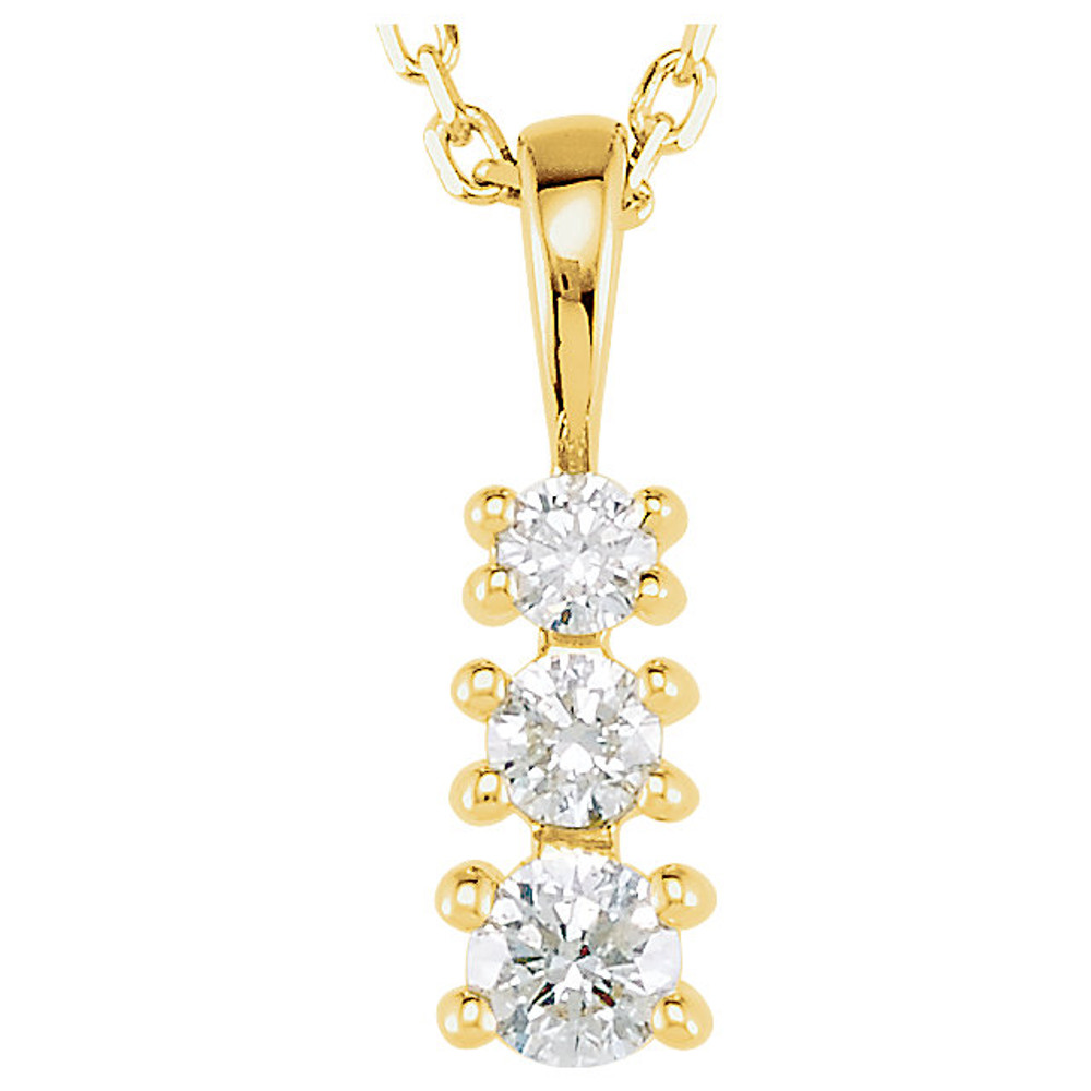 This beautiful three stone journey diamond necklace is sure to please. This lasting symbol of your loving journey as one, this graduating diamond journey pendant of 14k gold hangs off of a matching chain of 18 inches. With approximately 1/6 carat of round, near colorless diamonds this journey pendant kicks off amazing fire and light, making it the perfect accessory for any special occasion.