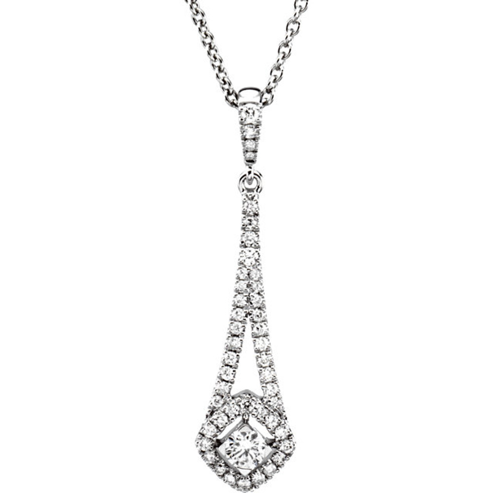 Beautiful 14Kt white gold necklace featuring a beautiful drop design of white shimmering diamonds with 3/8 carats of diamonds.