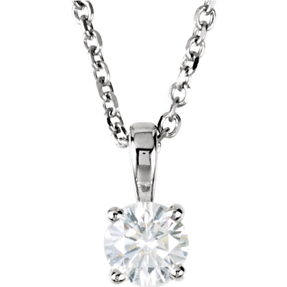 The elegant look of a dazzling solitaire diamond pendant is a jewelry essential in every women's collection. A fiery Round Cut diamond is securely prong set onto a lustrous 14K White Gold setting. The sparkling Round diamond weighs 1/4 ct.(Diamond Color G-H (near colorless), Clarity SI2-SI3) and is suspended in pure elegance on an 18 inch chain.