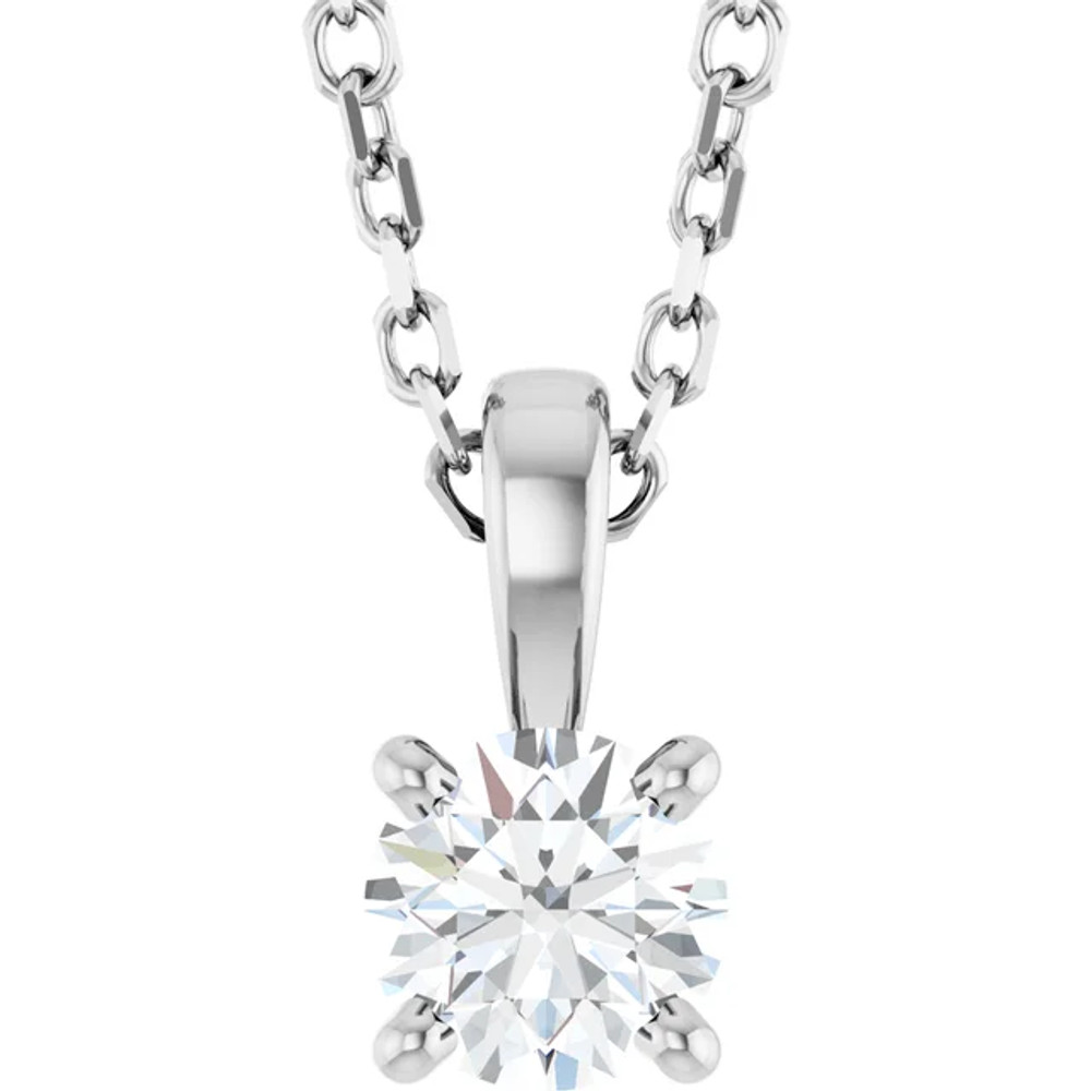The elegant look of a dazzling solitaire diamond pendant is a jewelry essential in every women's collection. A fiery Round Cut diamond is securely prong set onto a lustrous 14K White Gold setting. The sparkling Round diamond weighs 1/4 ct.(Diamond Color G-H (near colorless), Clarity SI2-SI3) and is suspended in pure elegance on an 18 inch chain.