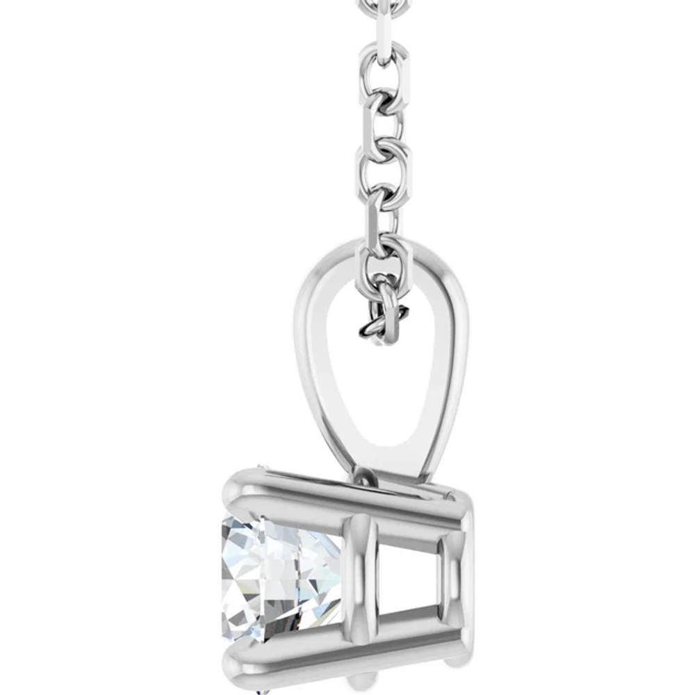The elegant look of a dazzling solitaire diamond pendant is a jewelry essential in every women's collection. A fiery Round Cut diamond is securely prong set onto a lustrous 14K White Gold setting. The sparkling Round diamond weighs 1/4 ct.(Diamond Color G-H (near colorless), Clarity SI2-SI3) and is suspended in pure elegance on an 18 inch chain.