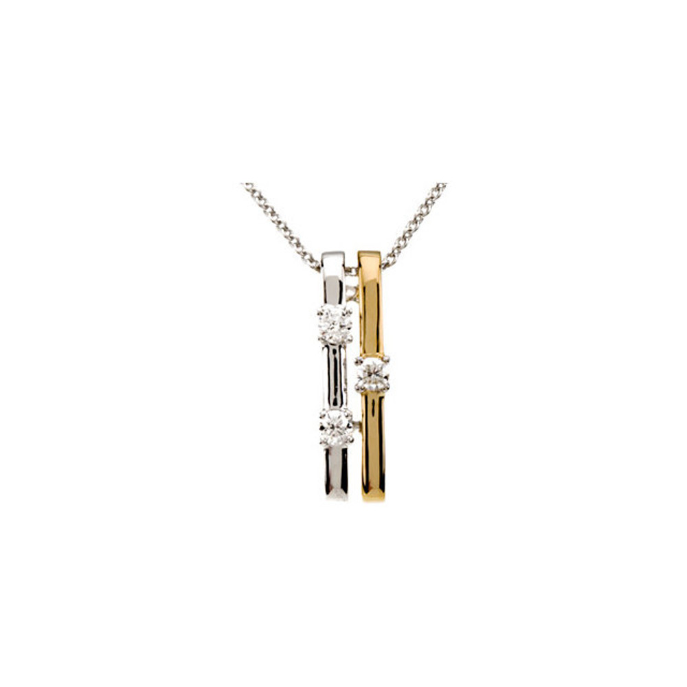 Beautiful 14Kt white/yellow gold necklace features white shimmering diamonds with 1/10 carats of diamonds hanging from a 18" inch chain which is included.