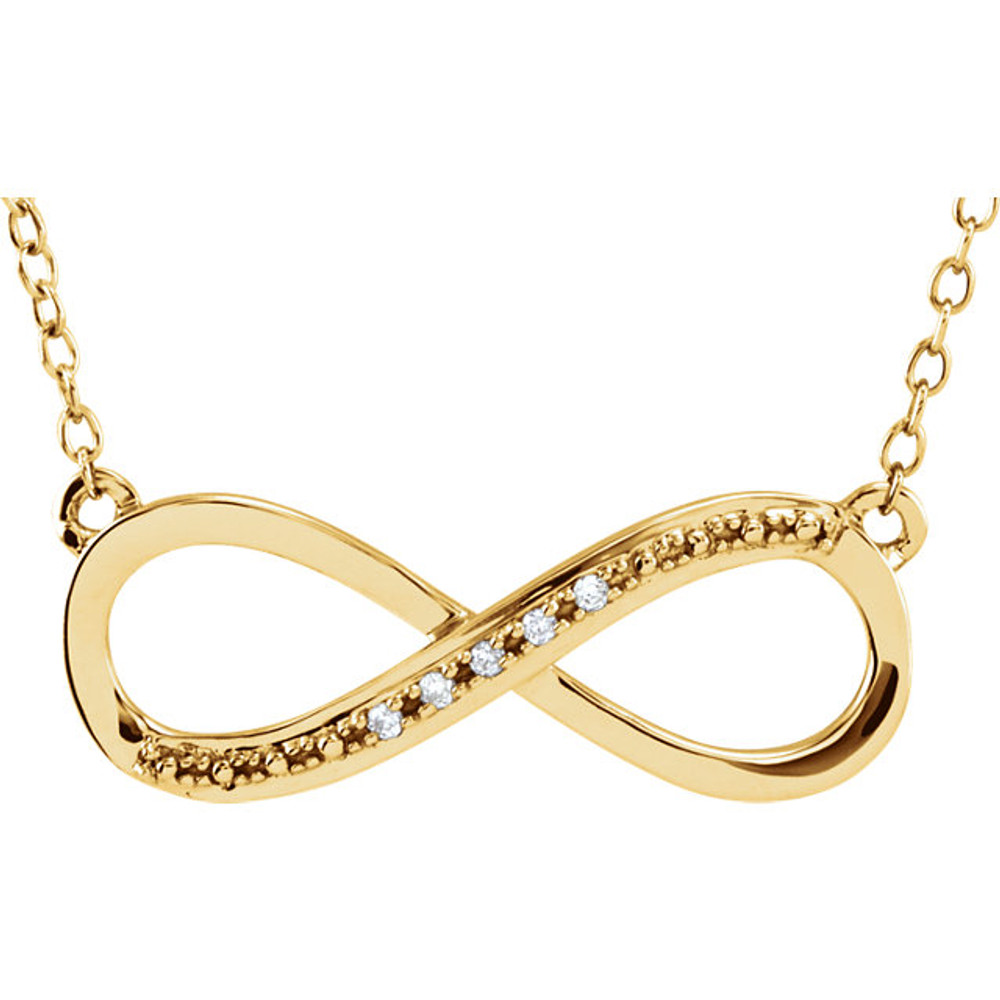 Simple 14k yellow gold diamond infinity necklace. Diamonds are an accent in this necklace design, they total .025ct tw. Wonderfully symbolic design means forever, what a loving gift.