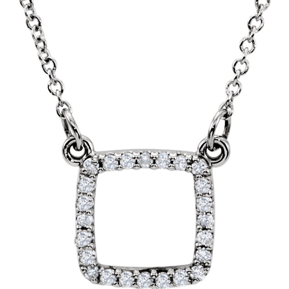 Diamond Square Pendant In 14K White Gold measures 10.51x11.52mm and has a bright polish to shine. This item comes with a 16" solid cable chain.
