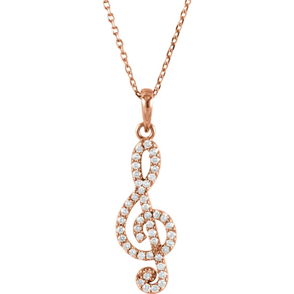 This beautiful 14K Solid Rose Gold Genuine 1/4 ct. tw. Diamonds Treble Clef Style Necklace featuring 1/4 ct tw Round genuine Diamonds. It is set in brightly polished Solid 14K Rose Gold on a Solid Cable Chain. The chain is 16 Inches long x 1.0 mm wide. It is a truly unique and a fantastic choice.