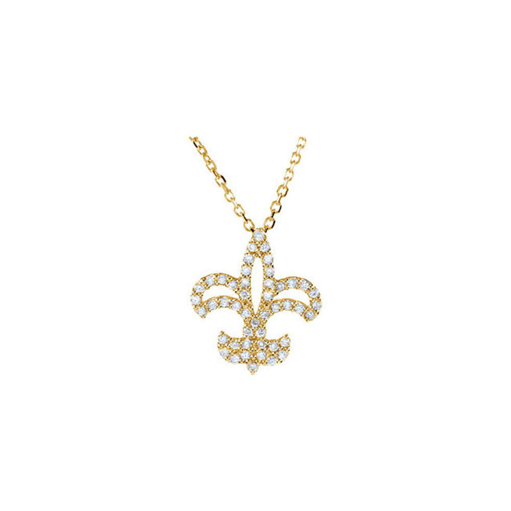 Beautiful 14Kt yellow gold Fleur-de-lis necklace featuring white shimmering diamonds with 1/4 carats of diamonds hanging from a 16" inch chain which is included. Polished to a brilliant shine.