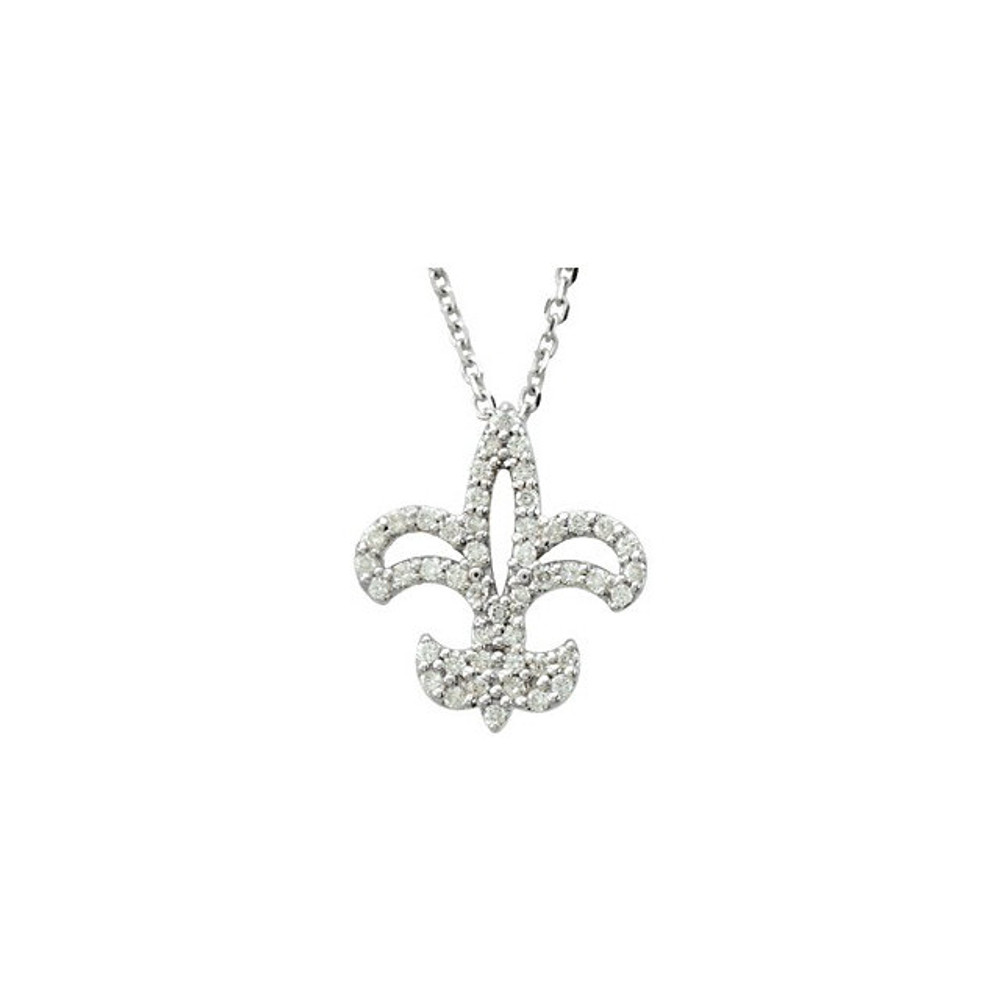 Beautiful 14Kt white gold Fleur-de-lis necklace featuring white shimmering diamonds with 1/4 carats of diamonds hanging from a 16" inch chain which is included. Polished to a brilliant shine.