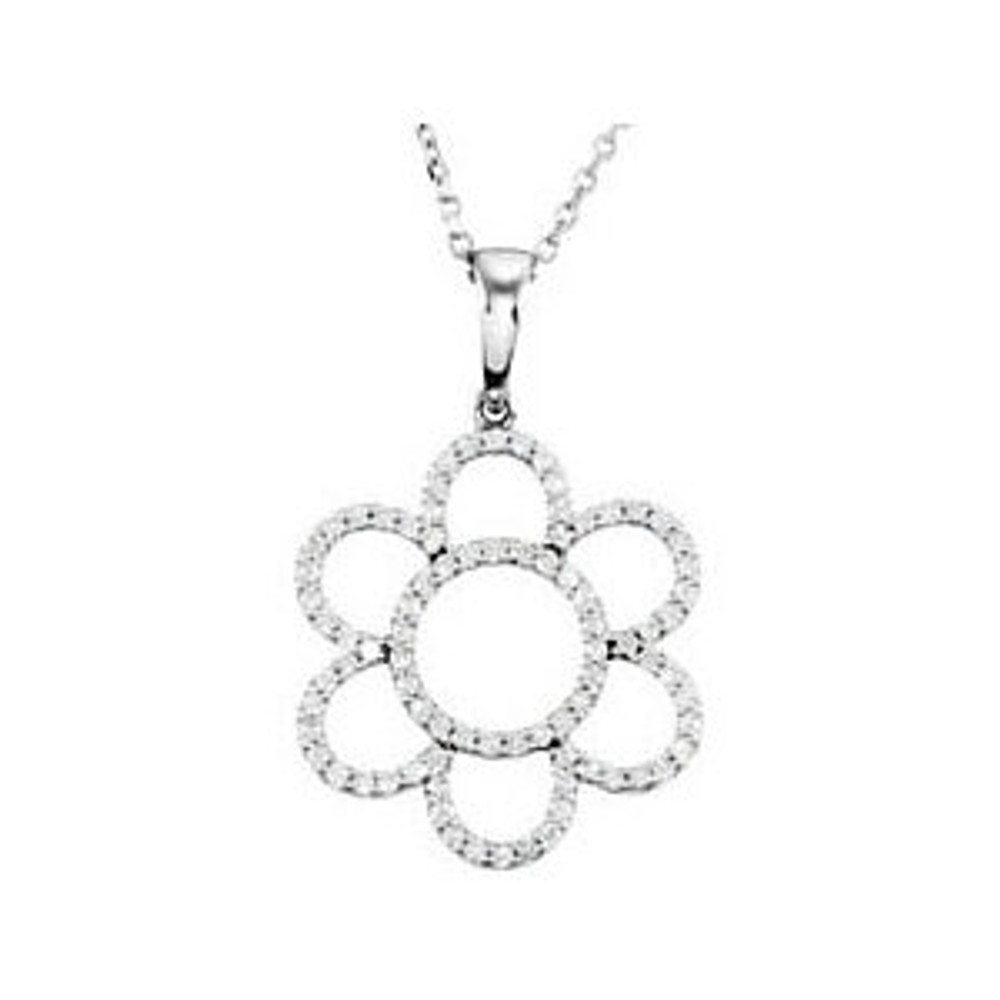 Beautiful 14k white gold flower necklace features white shimmering diamonds with 3/8 carats of diamonds hanging from a 16" inch chain which is included.