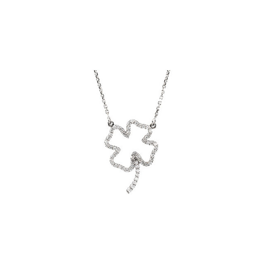 Wonderful 14Kt white gold diamond four-leaf clover design pendant with a total diamond carat weight of 1/3cts. hanging from a necklace 16" inches in length. Total weight of the gold is 2.61 grams.