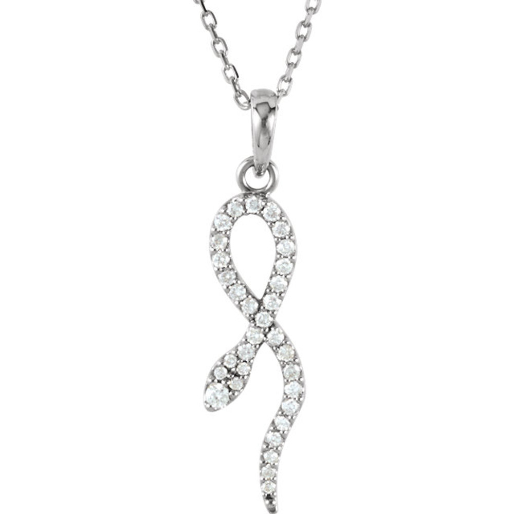 Beautiful 14Kt white gold petite snake necklace featuring white shimmering diamonds with 1/6 carats of diamonds hanging from a 16" inch chain which is included.