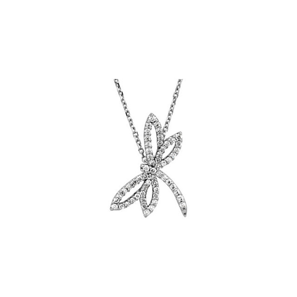 Wonderful 14Kt white gold diamond dragonfly design necklace with a total diamond carat weight of 1/3cts. hanging from a necklace with a length of 16" inches. Total weight of the gold is 2.68 grams. Polished to a brilliant shine.